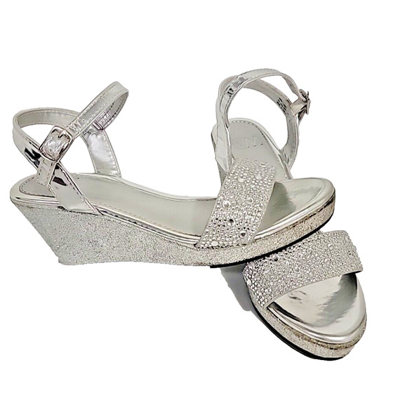 C&M Kids Rhinestone Silver Ankle Strap Wedge Heels Dress Shoes Size 3M - Picture 1 of 15